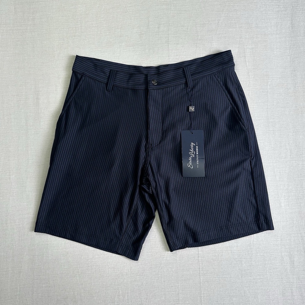 NWT State and Liberty Athletic Fit Shorts Men 33 Blue Seersucker Performance